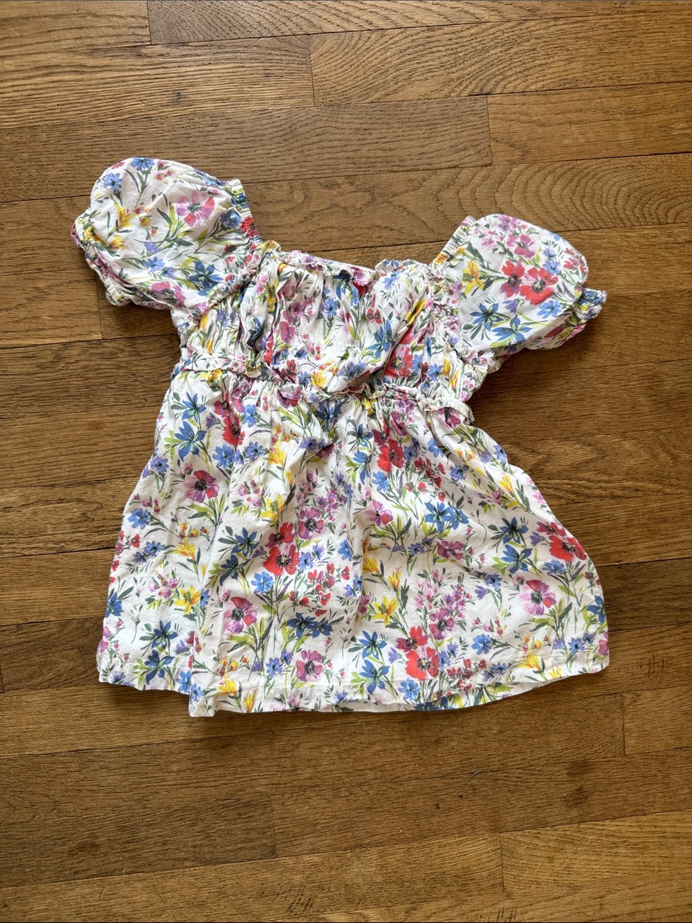 Floral Puff-Sleeve Girls' Top - White Multi